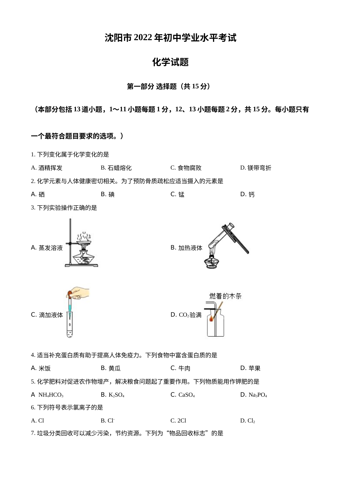 2022年辽宁省沈阳市中考化学真题 试卷预览图