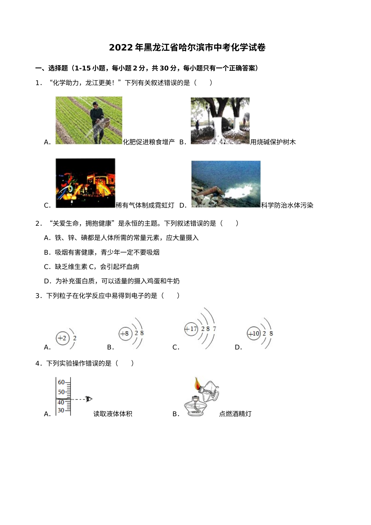 2022年黑龙江省哈尔滨市中考化学试卷 试卷预览图