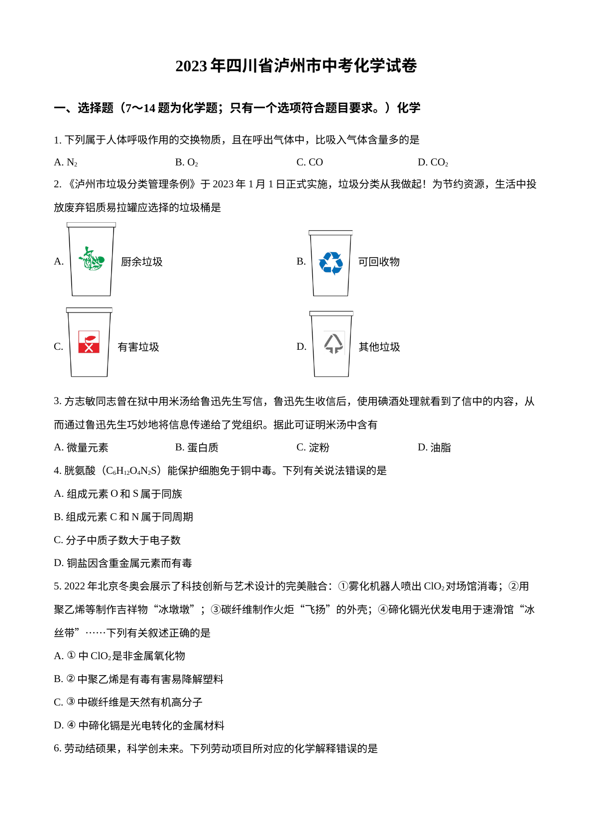 2023年四川省泸州市中考化学真题 试卷预览图