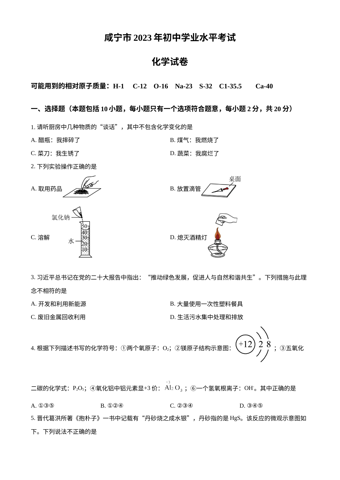 2023年湖北省咸宁市中考化学真题 试卷预览图
