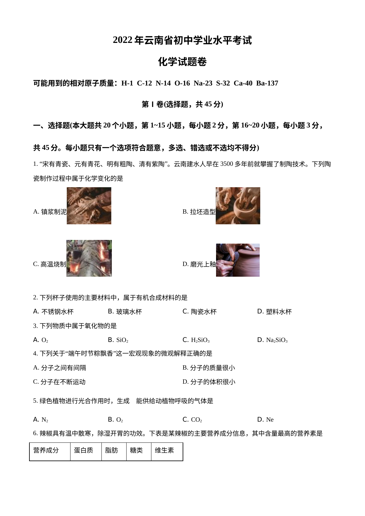 2022年云南省中考化学真题 试卷预览图