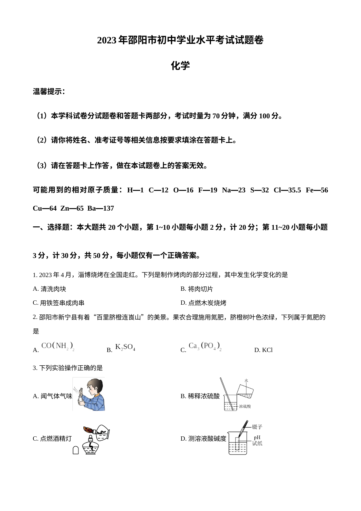 2023年湖南省邵阳市中考化学真题 试卷预览图