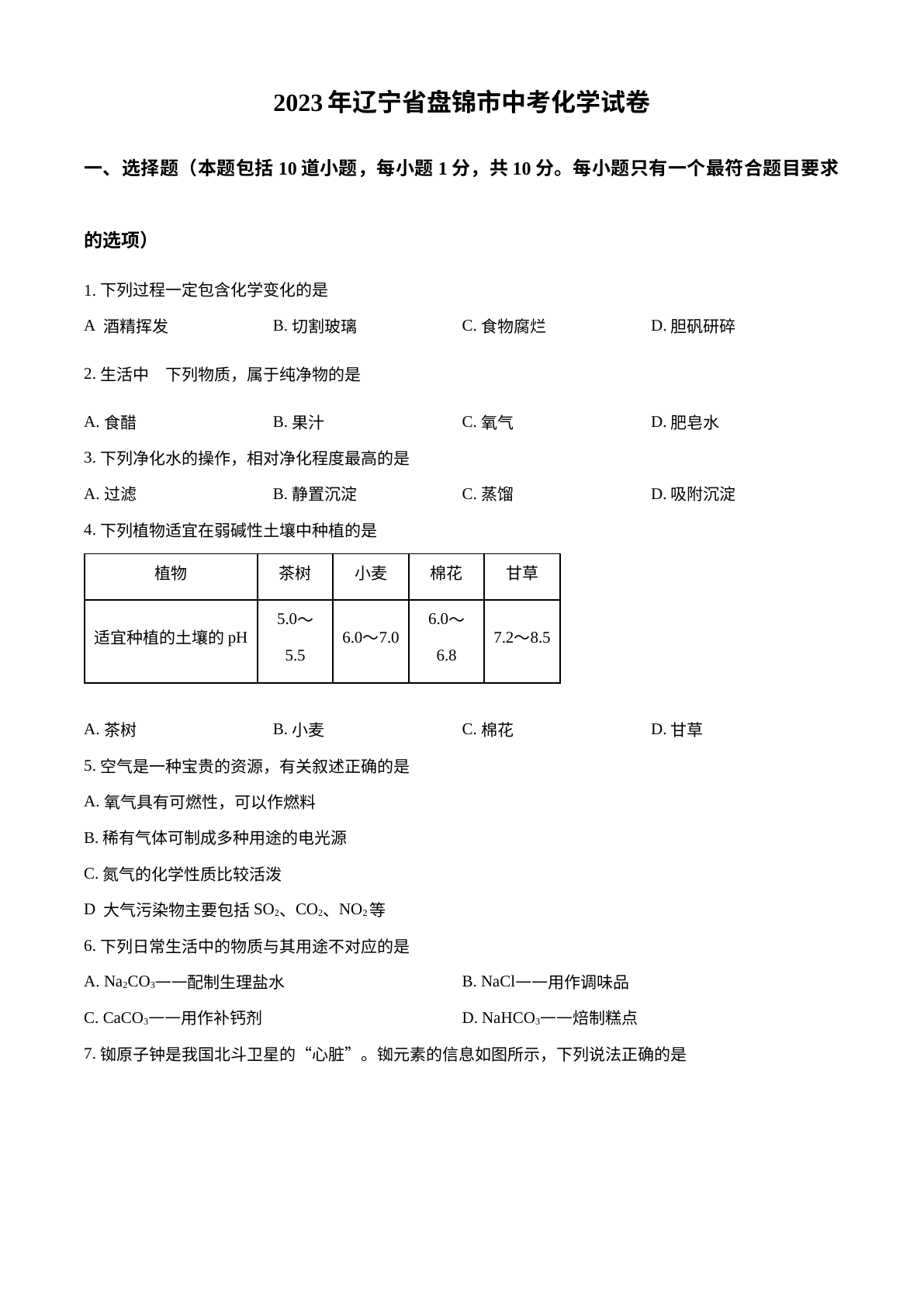 2023年辽宁省盘锦市中考化学真题 试卷预览图