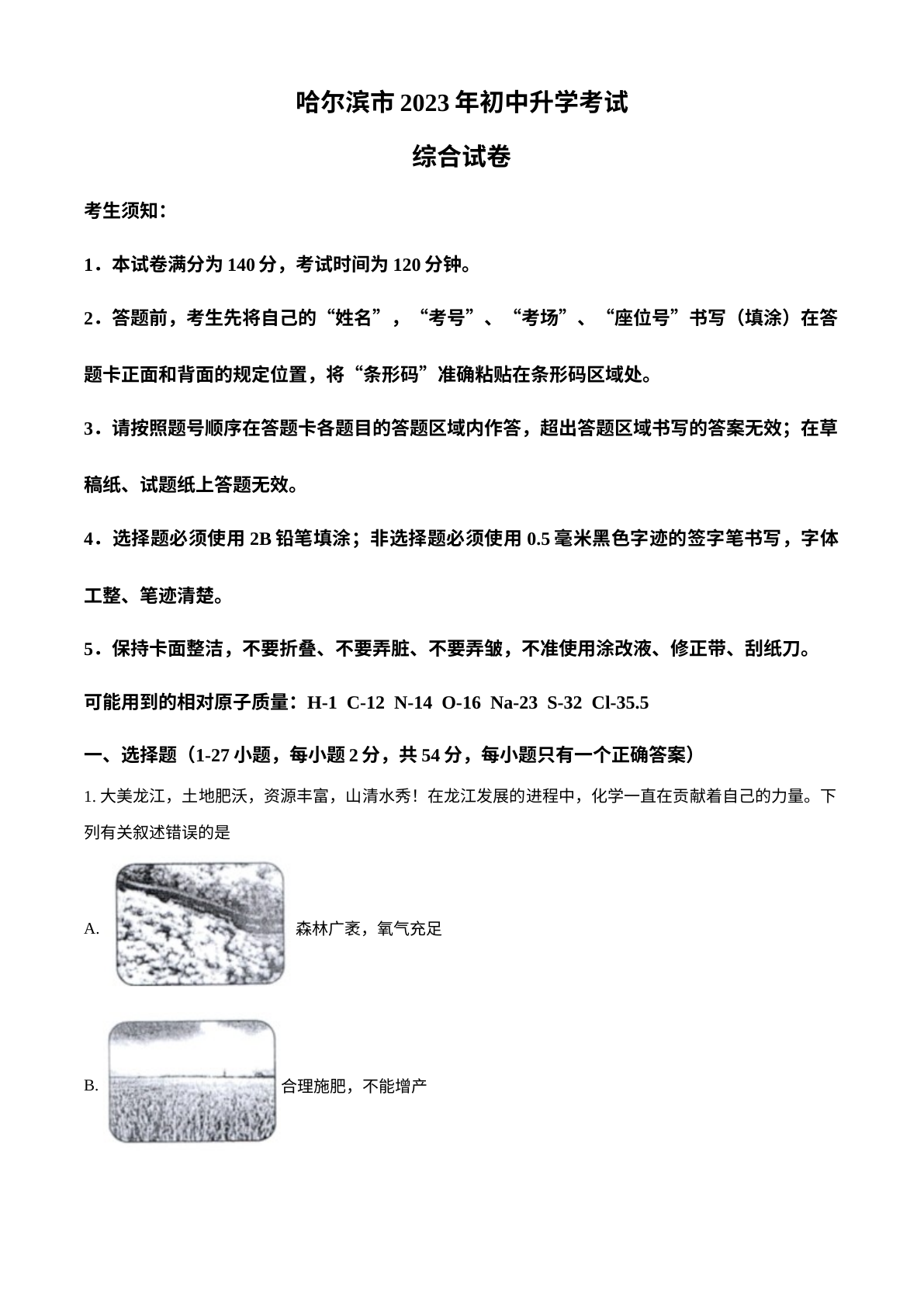 2023年黑龙江省哈尔滨市中考化学真题 试卷预览图