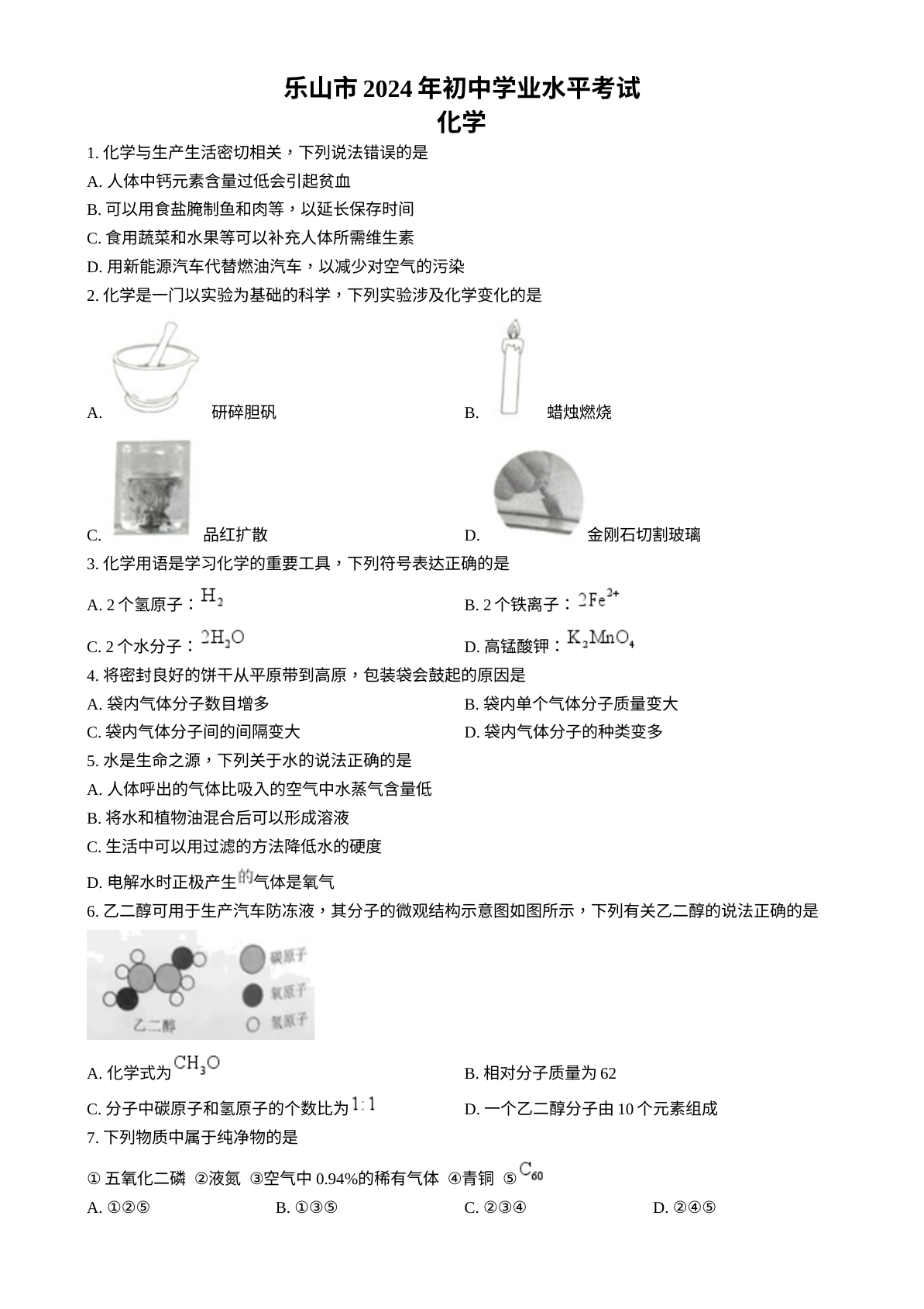 2024年四川省乐山市中考化学真题 试卷预览图