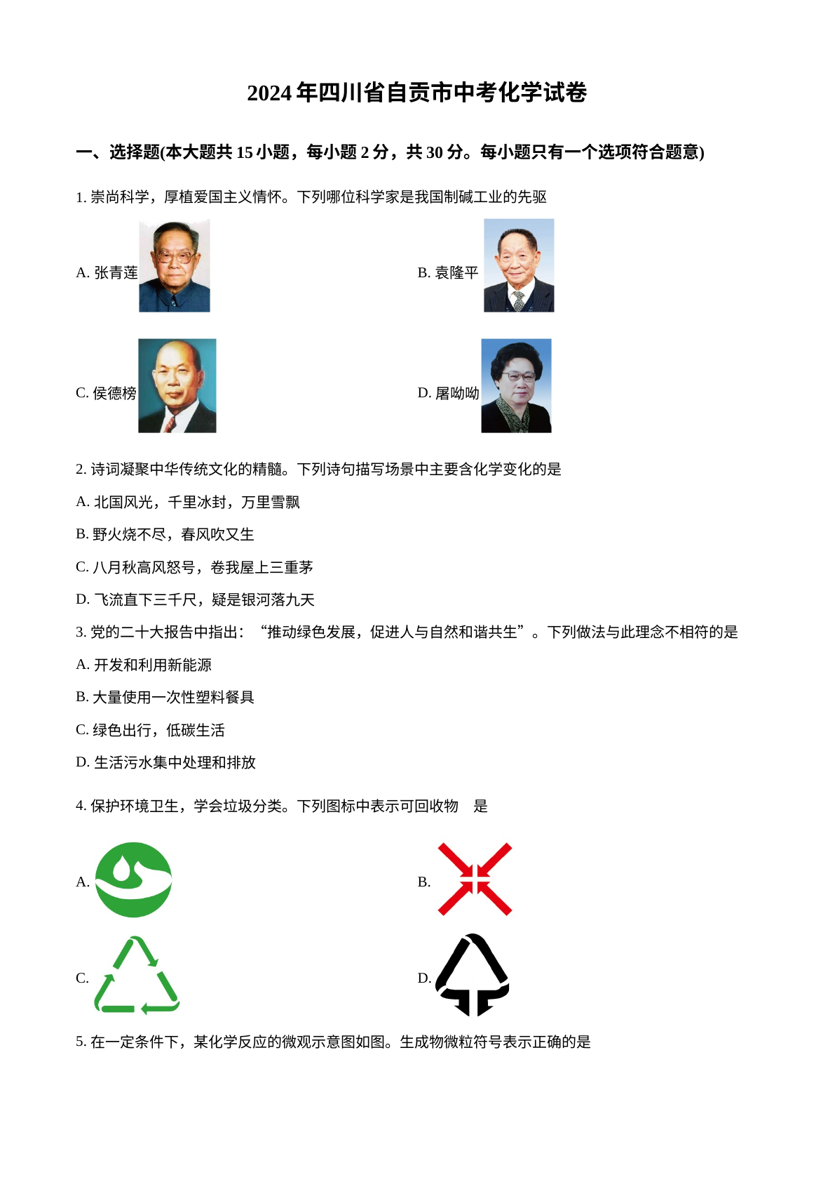 2024年四川省自贡市中考化学真题 试卷预览图