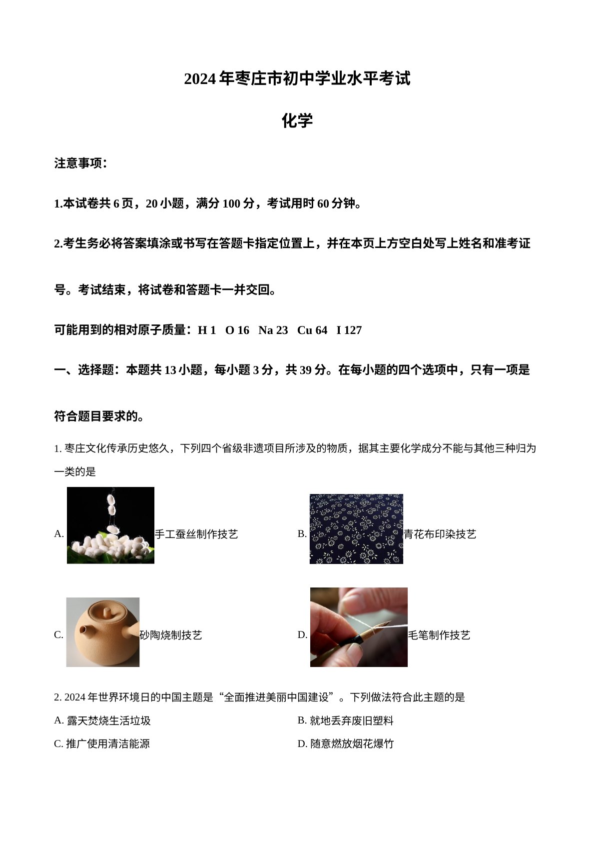 2024年山东省枣庄市中考化学真题 试卷预览图