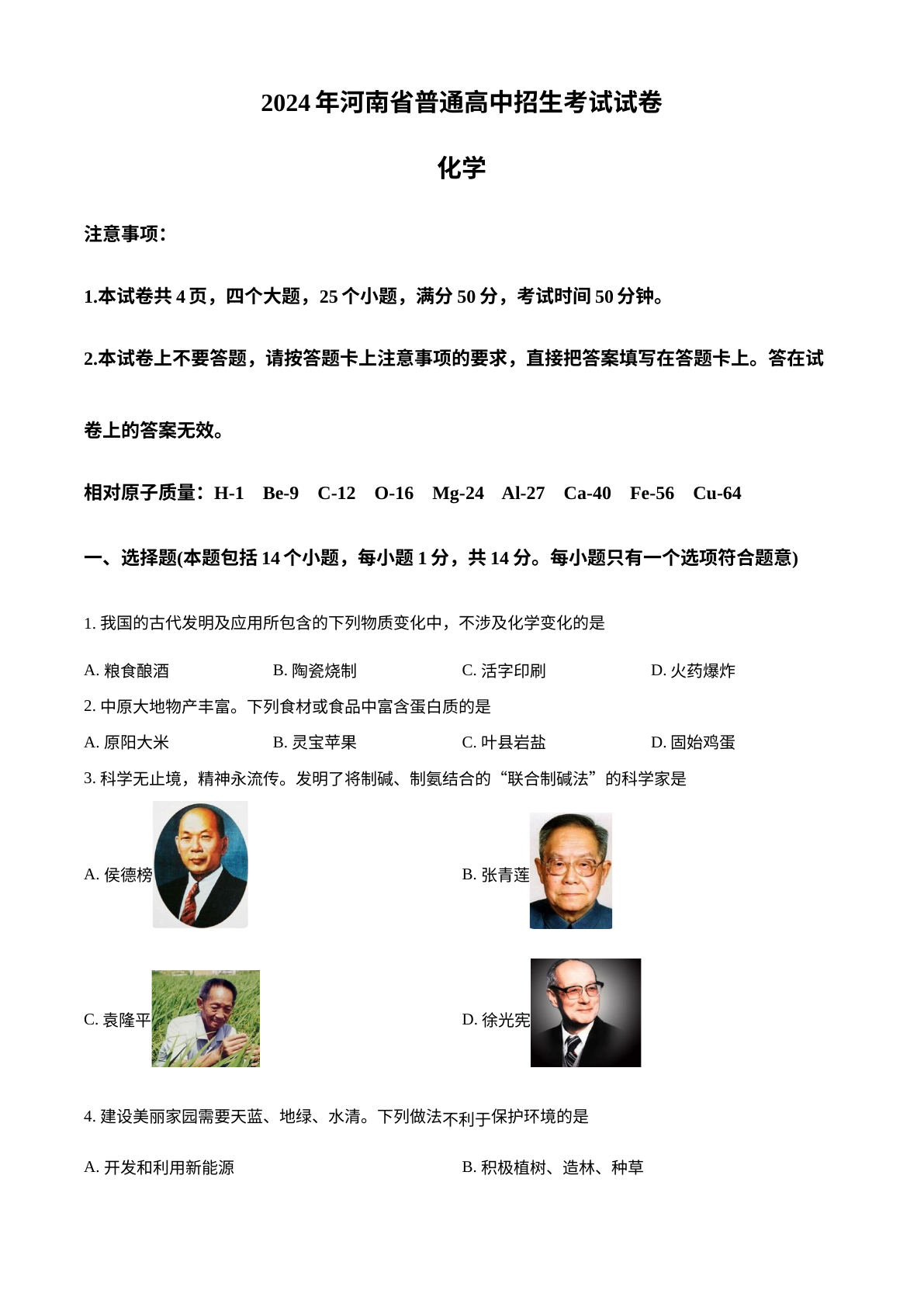 2024年河南省中考化学真题 试卷预览图