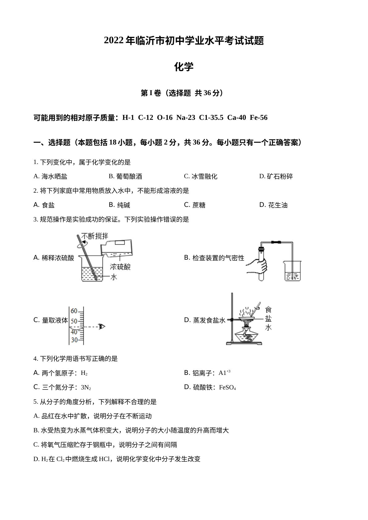 2022年山东省临沂市中考化学真题 试卷预览图