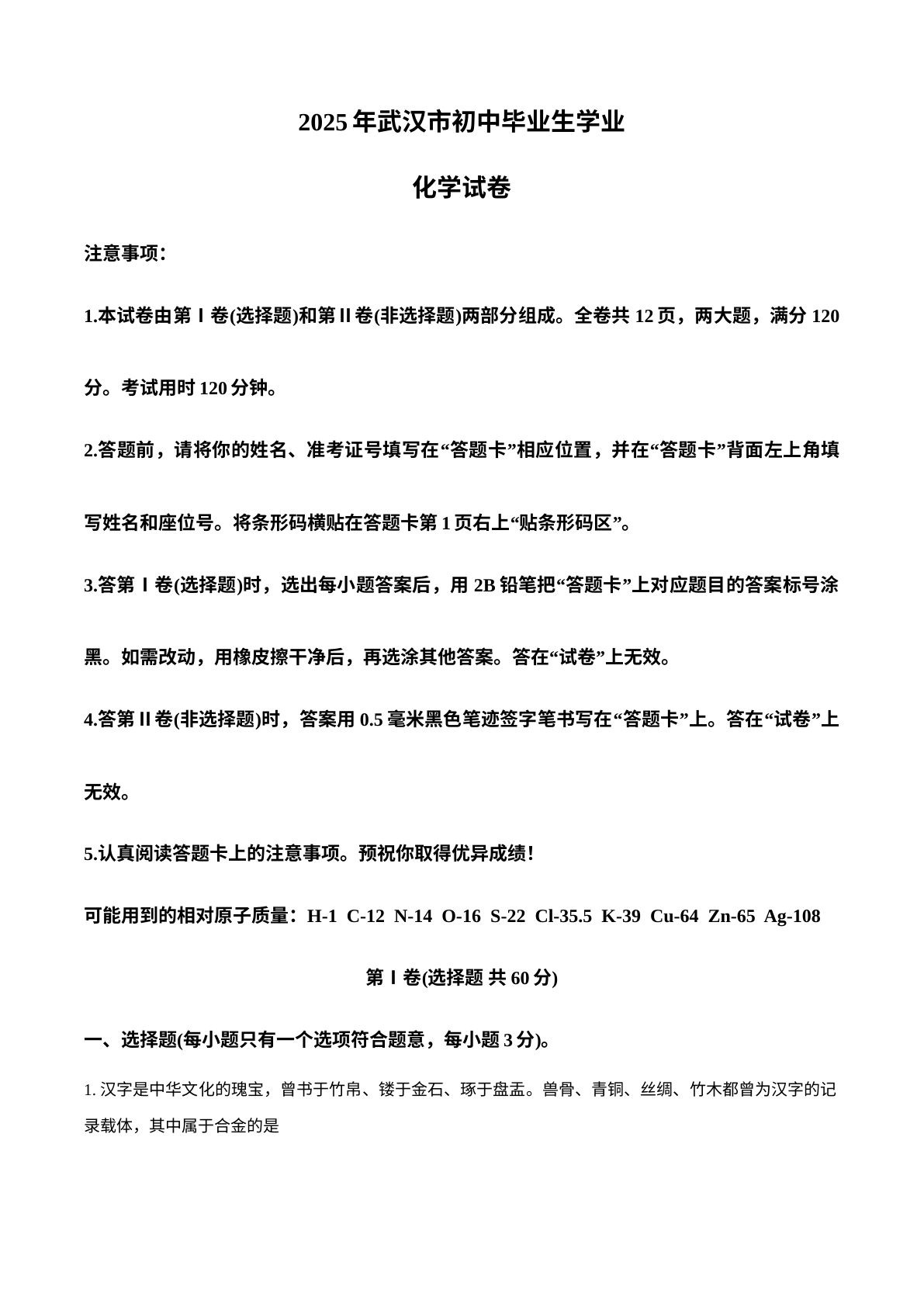 2025年湖北省武汉市中考化学真题 试卷预览图