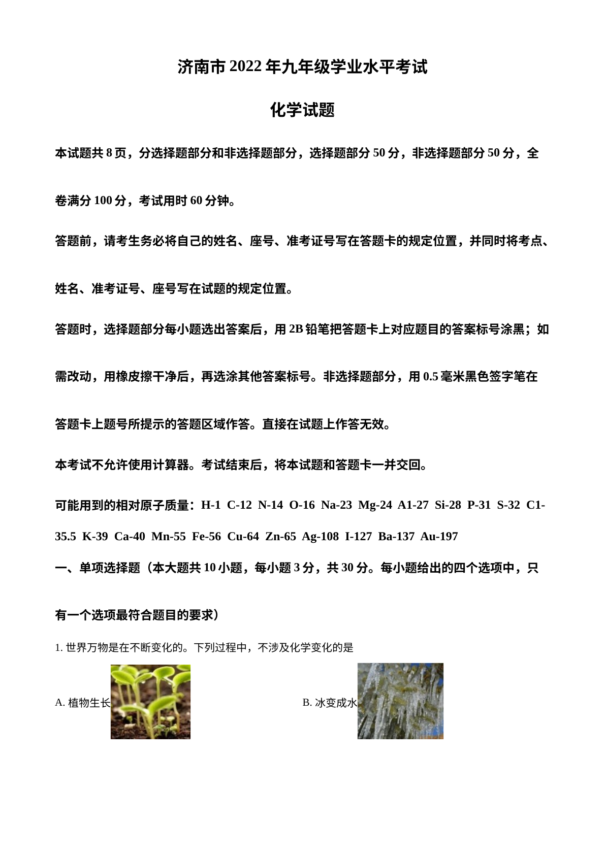 2022年山东省济南市中考化学真题 试卷预览图