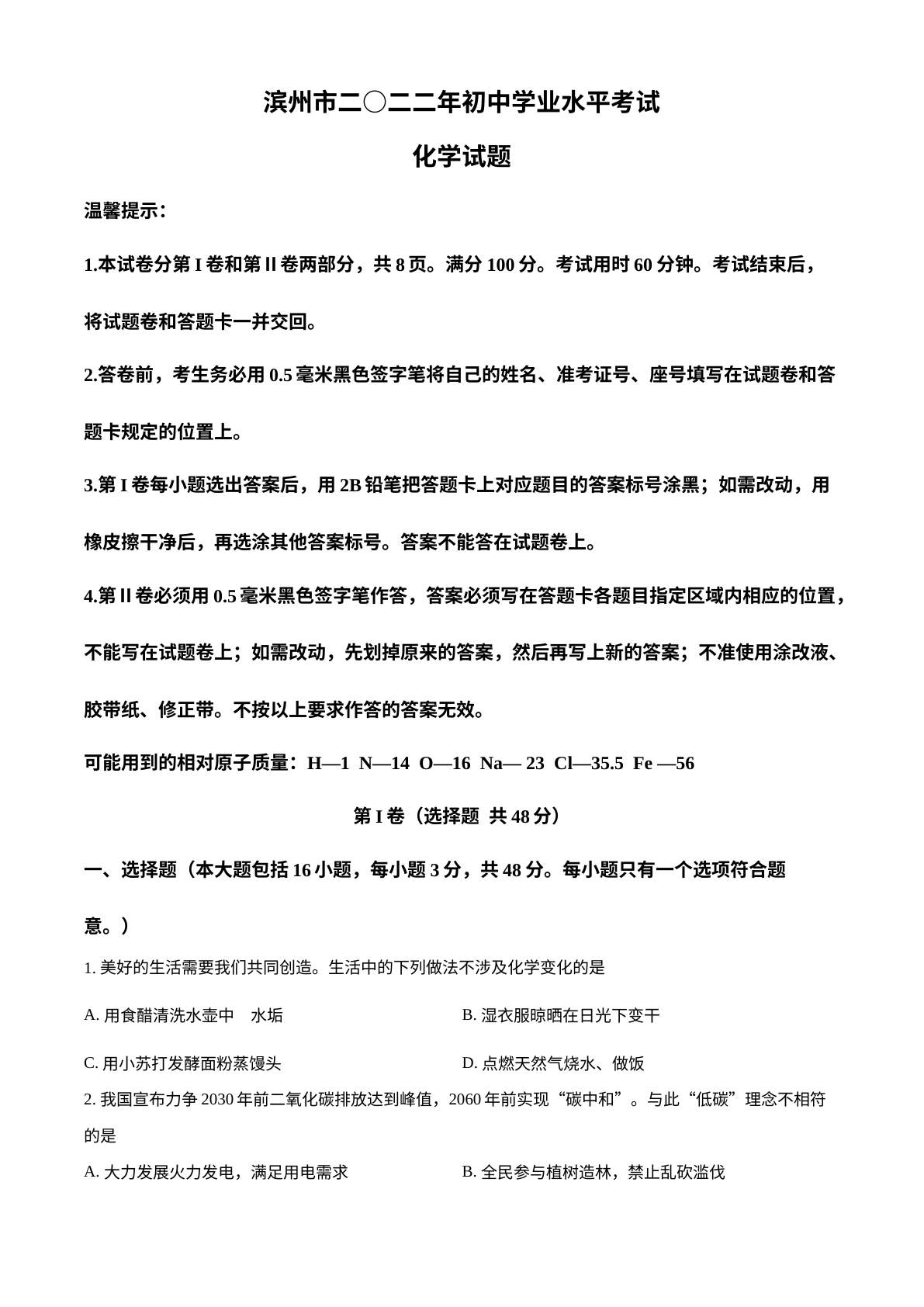 2022年山东省滨州市中考化学真题 试卷预览图